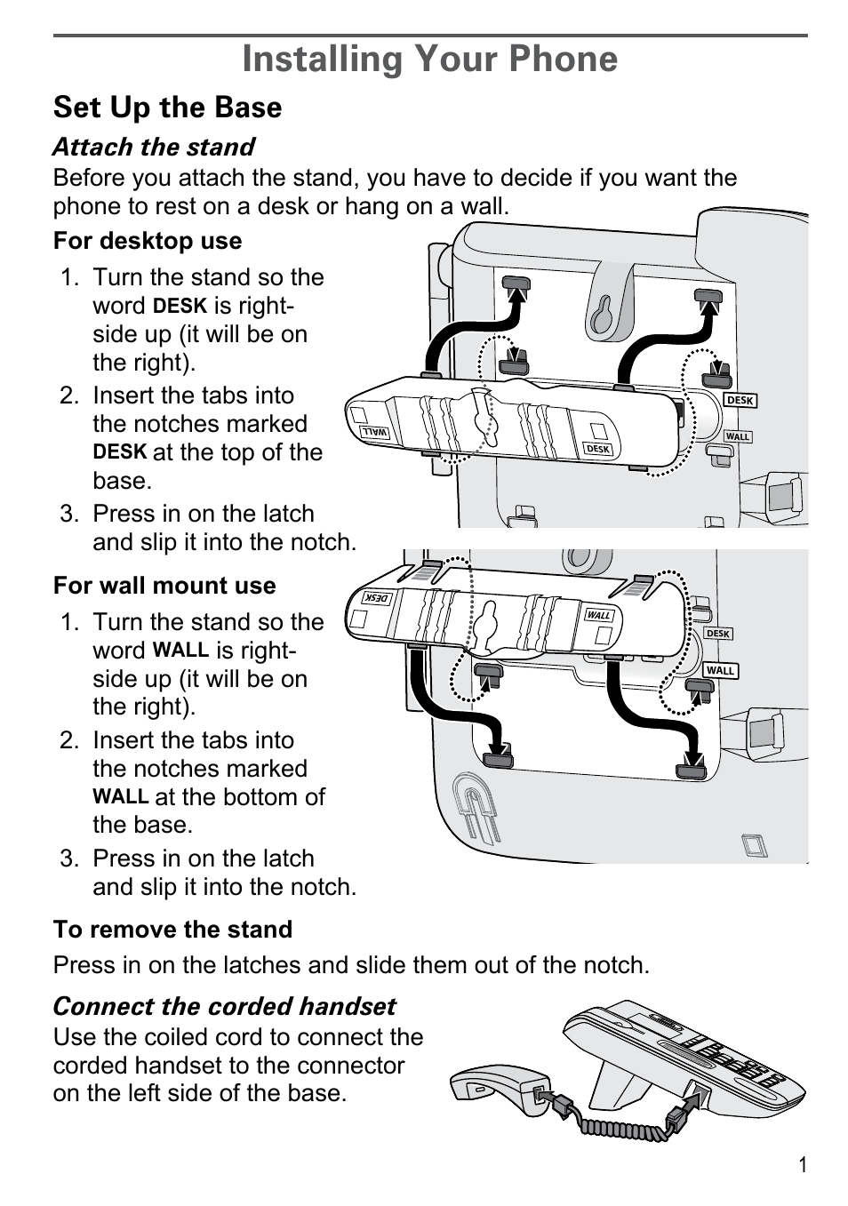 Installing your phone, Set up the base, Attach the stand | Connect the corded handset | Uniden DECT4096 Series User Manual | Page 3 / 52