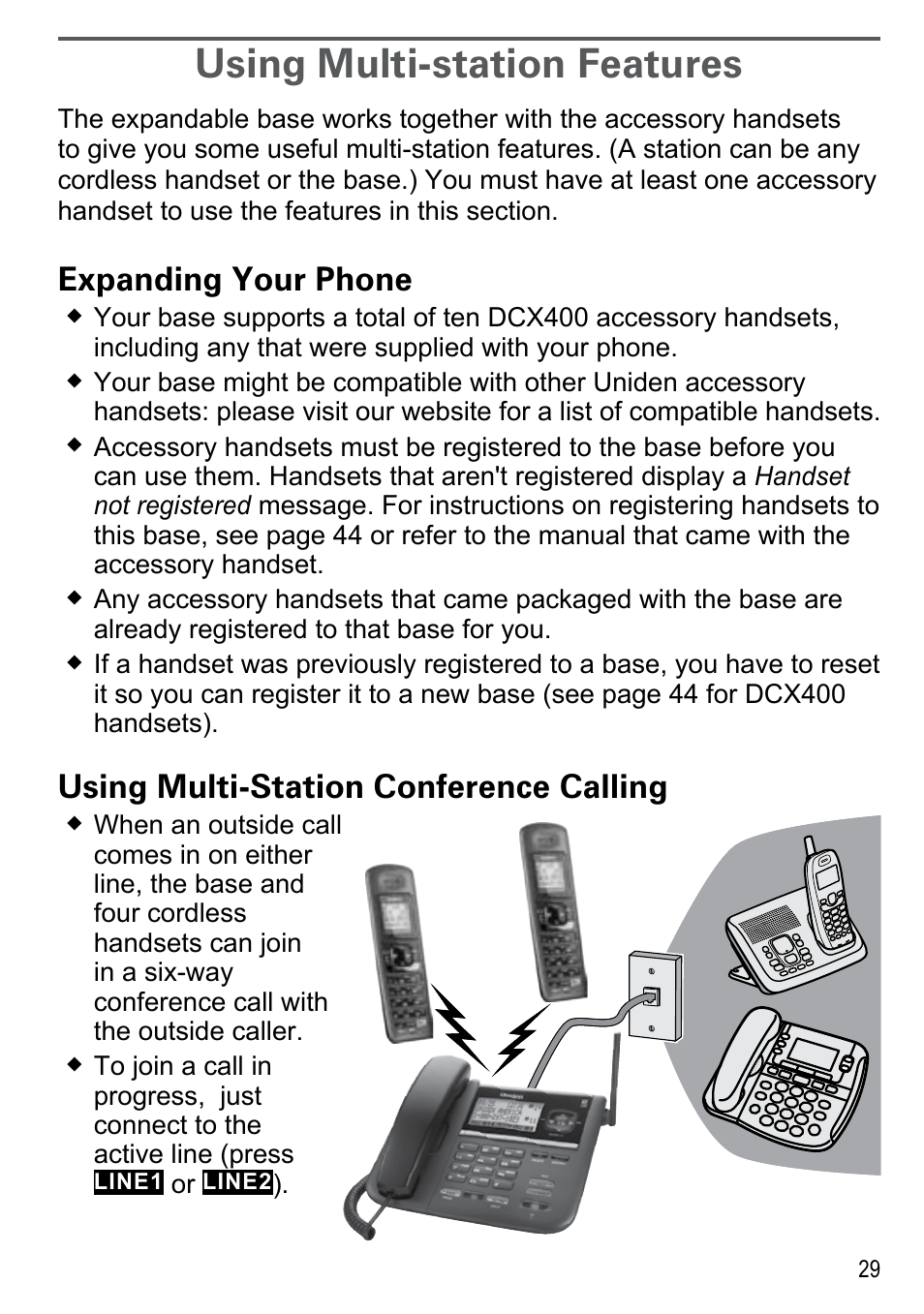 Using multi-station features, Expanding your phone, Using multi-station conference calling | Using multi-station conference calling 29 | Uniden DECT4096 Series User Manual | Page 31 / 52