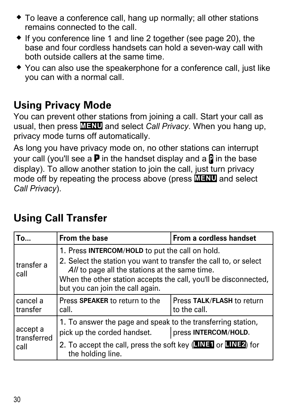 Using privacy mode, Using call transfer | Uniden DECT4096 Series User Manual | Page 32 / 52