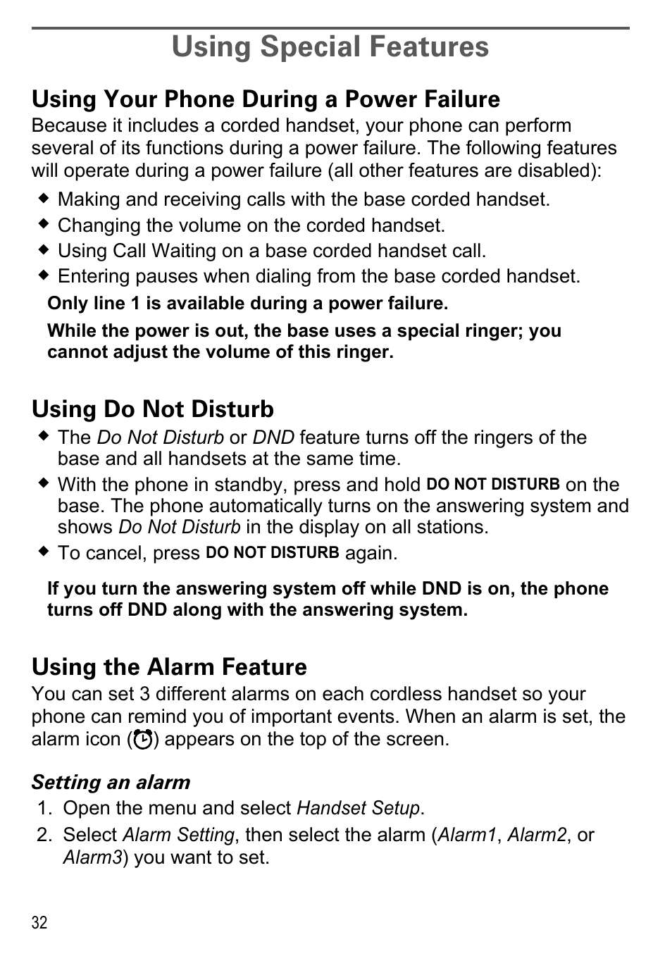 Using special features, Using your phone during a power failure, Using do not disturb | Using the alarm feature, Using your phone during a power, Failure | Uniden DECT4096 Series User Manual | Page 34 / 52