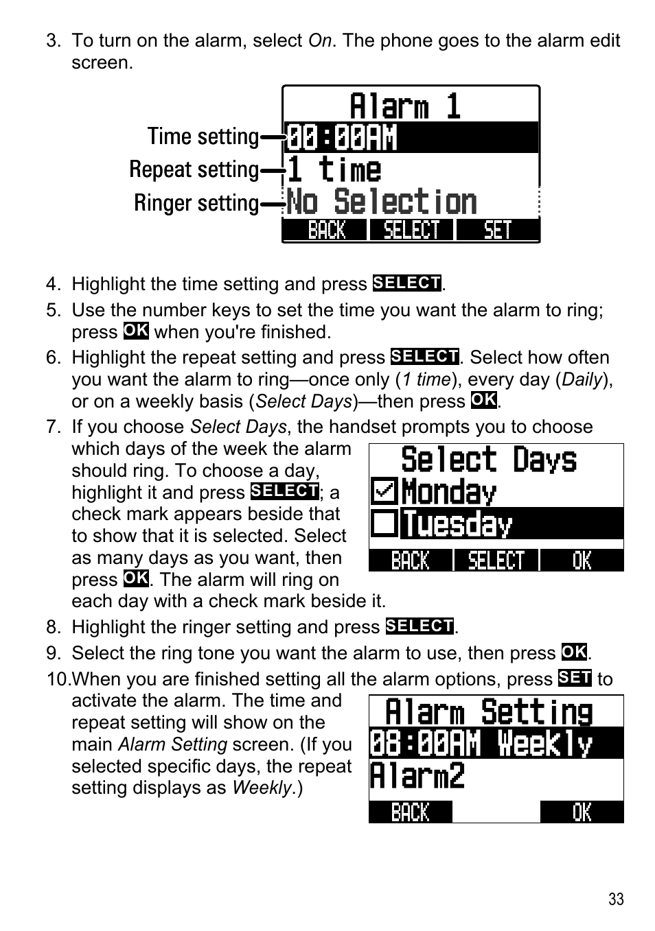 Select days monday tuesday | Uniden DECT4096 Series User Manual | Page 35 / 52