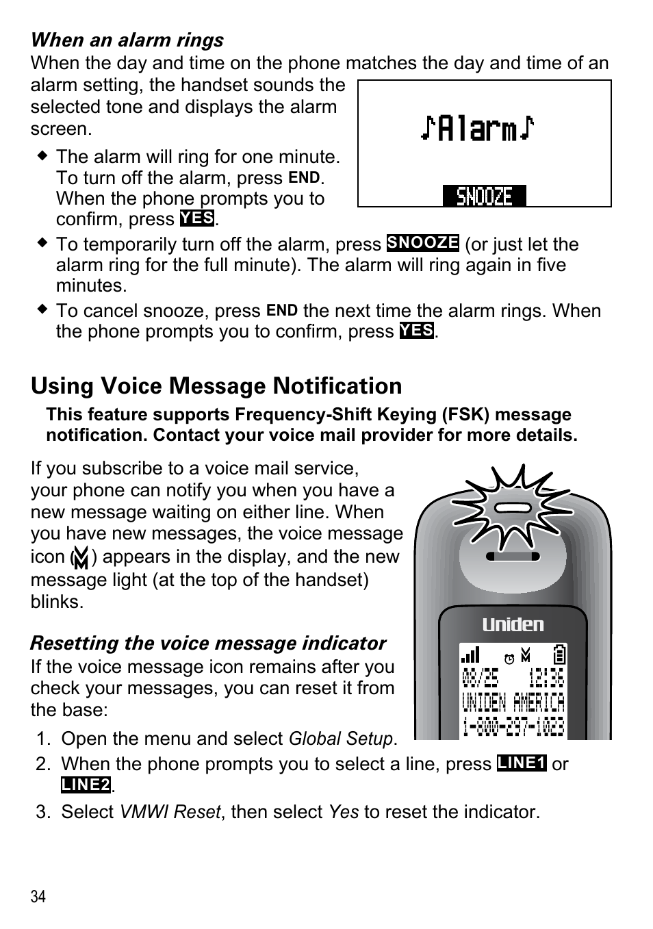 Using voice message notification, Alarm | Uniden DECT4096 Series User Manual | Page 36 / 52