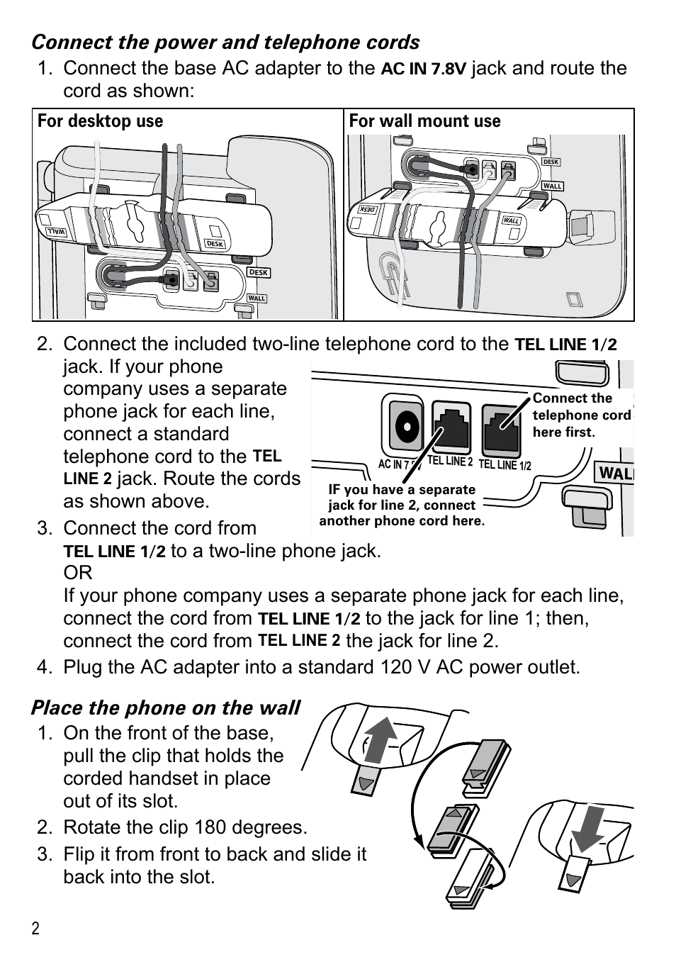 Connect the power and telephone cords, Place the phone on the wall, Connect the base ac adapter to the | Jack and route the cord as shown, For desktop use for wall mount use | Uniden DECT4096 Series User Manual | Page 4 / 52