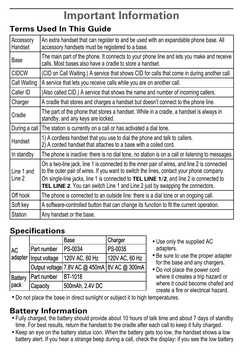 Important information, Terms used in this guide, Specifications | Battery information | Uniden DECT4096 Series User Manual | Page 48 / 52