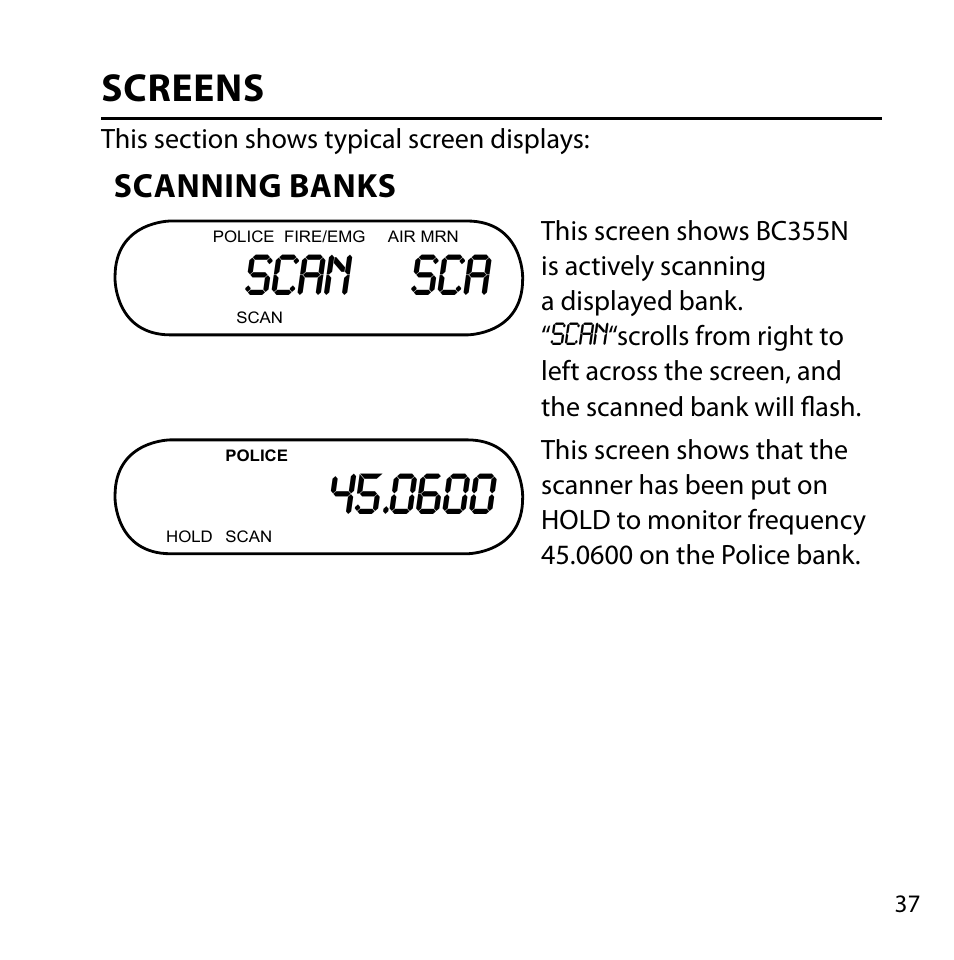 Scan sca, Screens, Scanning banks | Uniden BC355N User Manual | Page 37 / 68