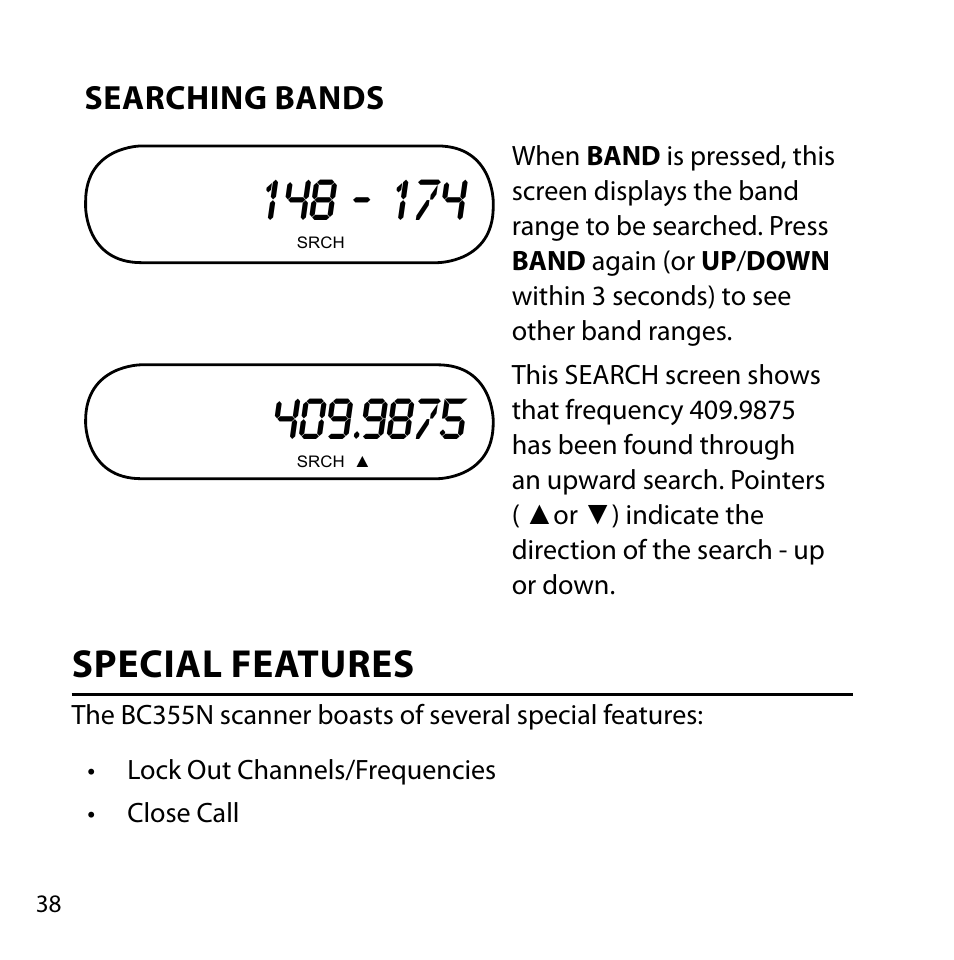 Special features, Searching bands | Uniden BC355N User Manual | Page 38 / 68