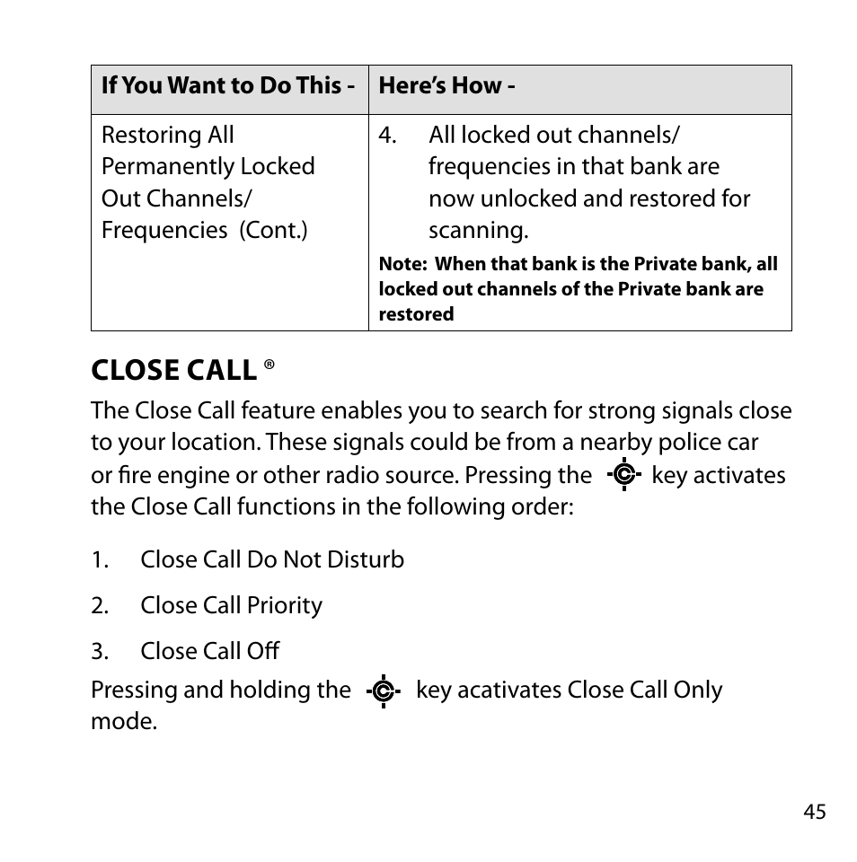 Close call | Uniden BC355N User Manual | Page 45 / 68
