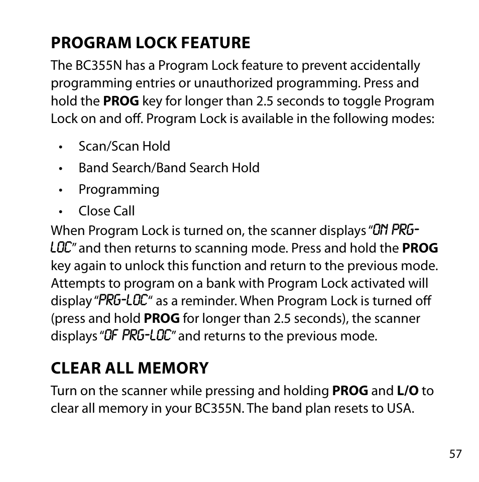 Program lock feature | Uniden BC355N User Manual | Page 57 / 68