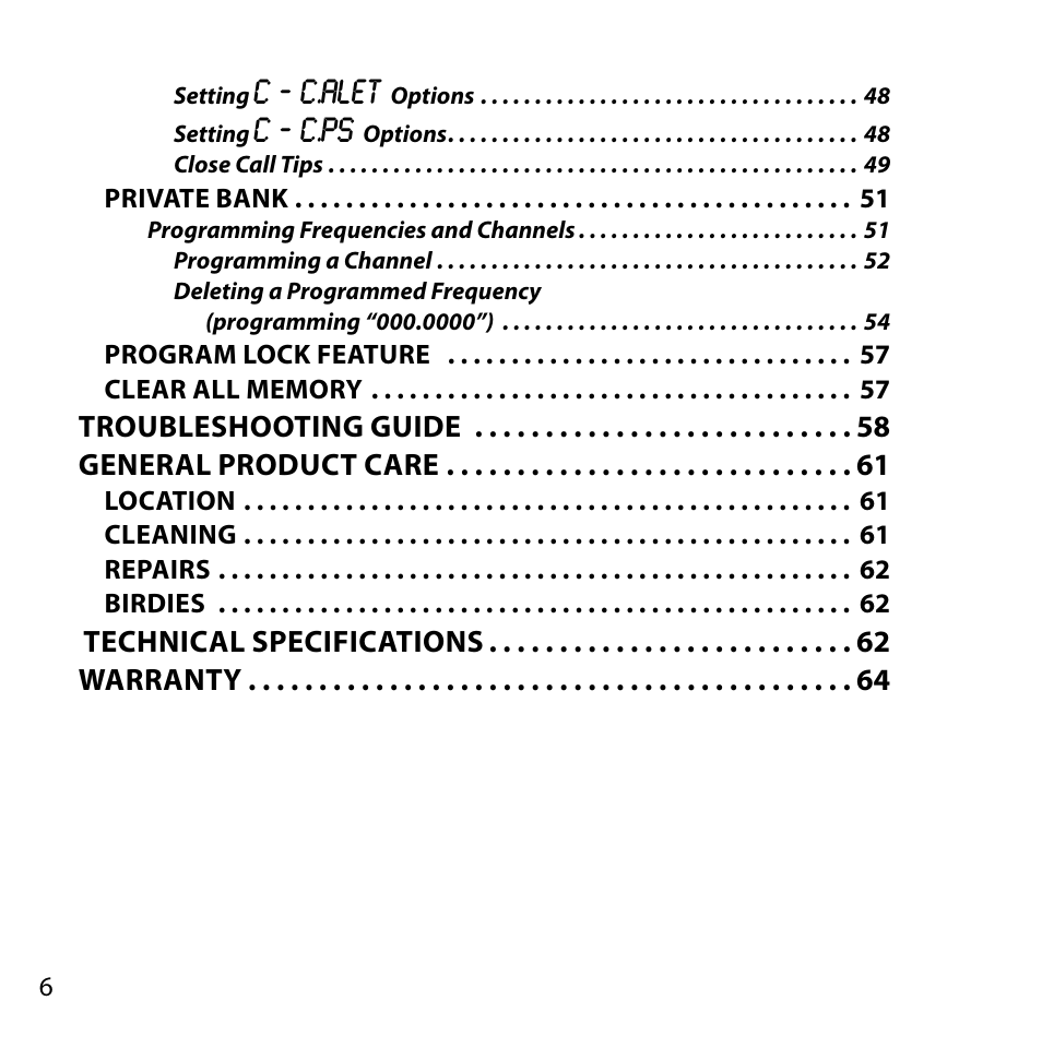 C ‐ c.alet, C ‐ c.ps, Troubleshooting guide general product care | Technical specifications warranty | Uniden BC355N User Manual | Page 6 / 68