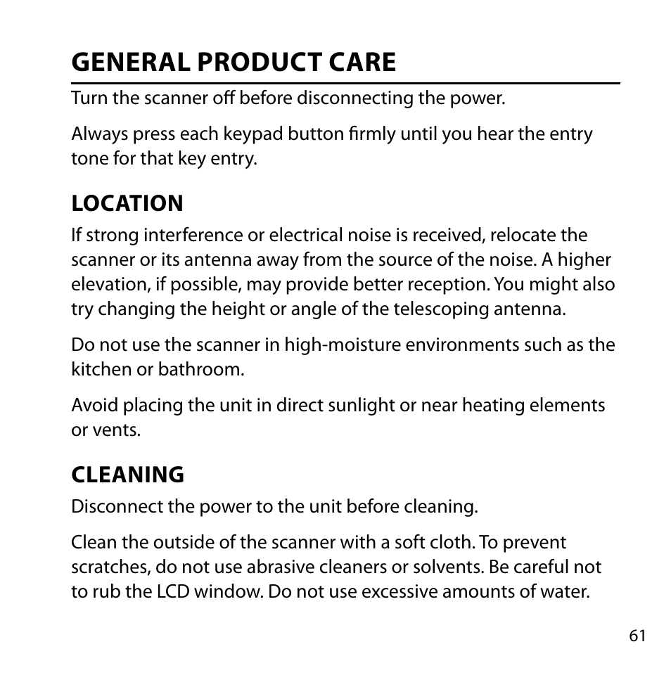 General product care | Uniden BC355N User Manual | Page 61 / 68