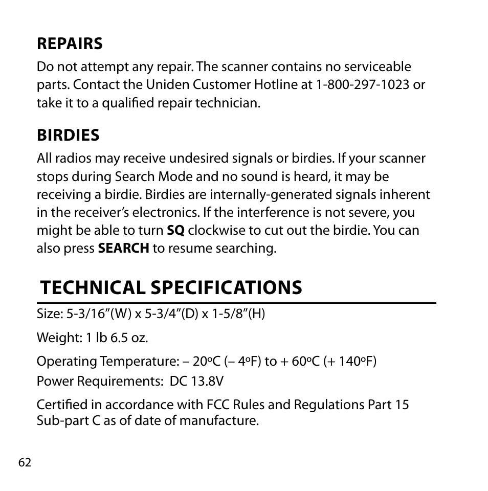 Technical specifications | Uniden BC355N User Manual | Page 62 / 68