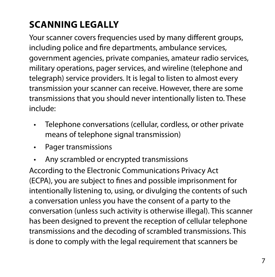 Scanning legally | Uniden BC355N User Manual | Page 7 / 68