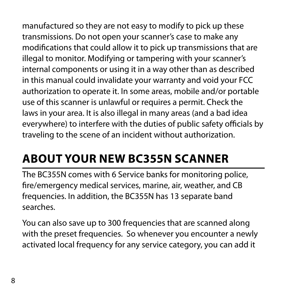 About your new bc355n scanner | Uniden BC355N User Manual | Page 8 / 68