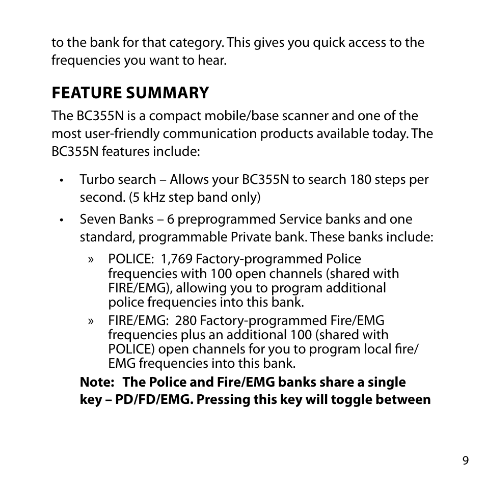 Feature summary | Uniden BC355N User Manual | Page 9 / 68