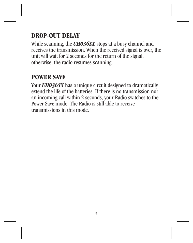 Power save, Drop-out delay | Uniden UH036SX User Manual | Page 10 / 12