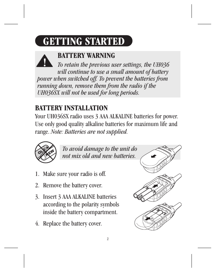 Getting started, Battery installation, Battery warning | Uniden UH036SX User Manual | Page 3 / 12