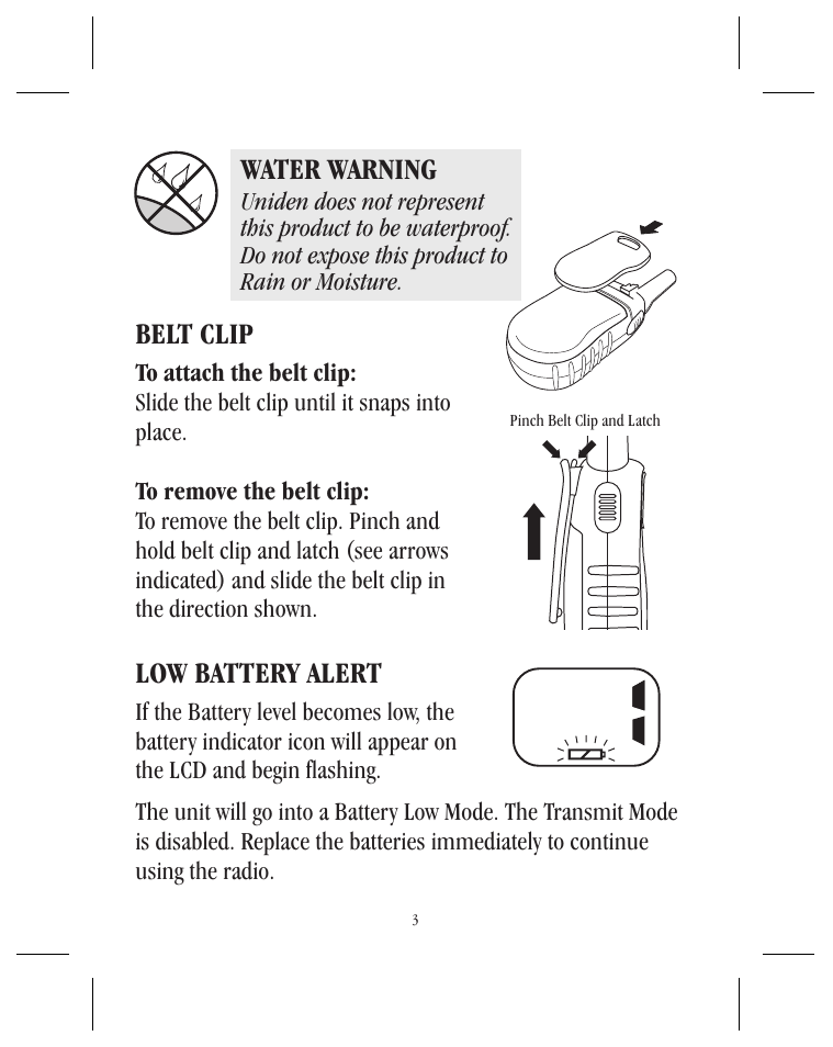 Low battery alert, Belt clip, Water warning | Uniden UH036SX User Manual | Page 4 / 12