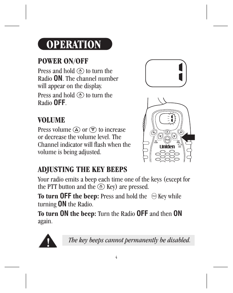 Operation, Power on/off, Adjusting the key beeps | Volume | Uniden UH036SX User Manual | Page 5 / 12