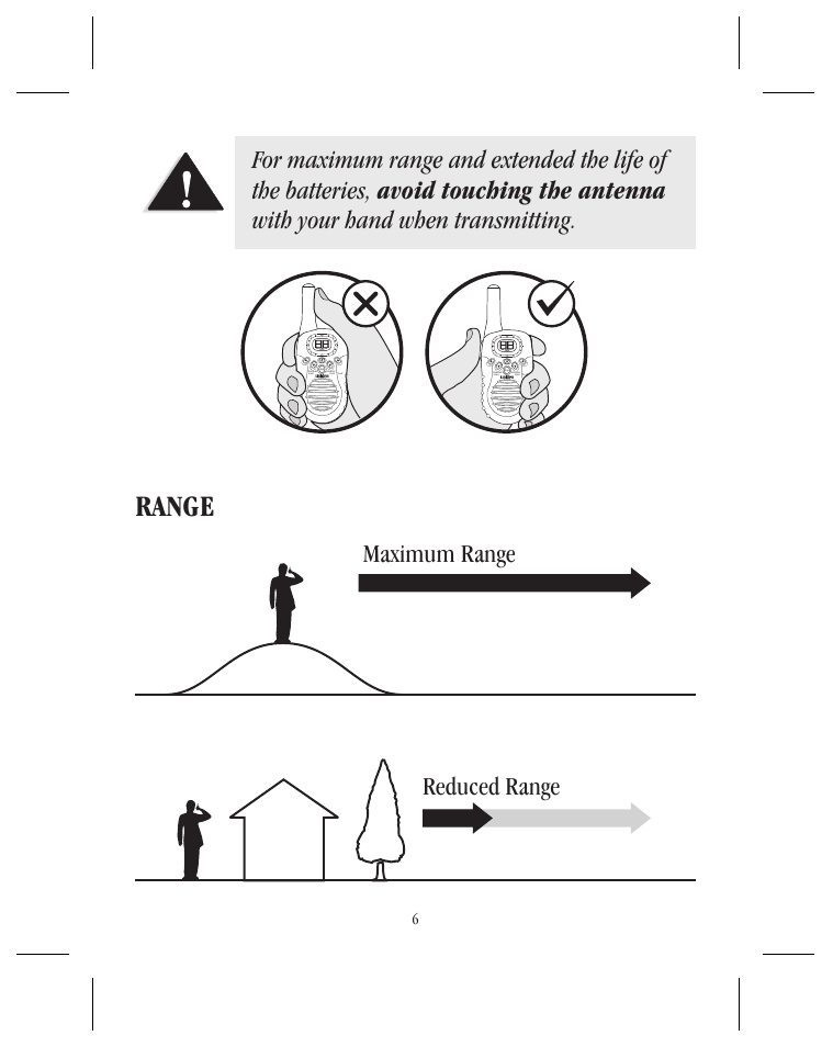 Range, Maximum range reduced range | Uniden UH036SX User Manual | Page 7 / 12