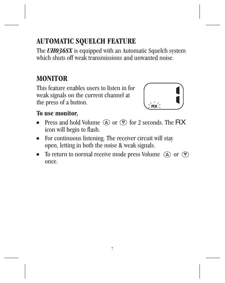 Automatic squelch feature, Monitor | Uniden UH036SX User Manual | Page 8 / 12