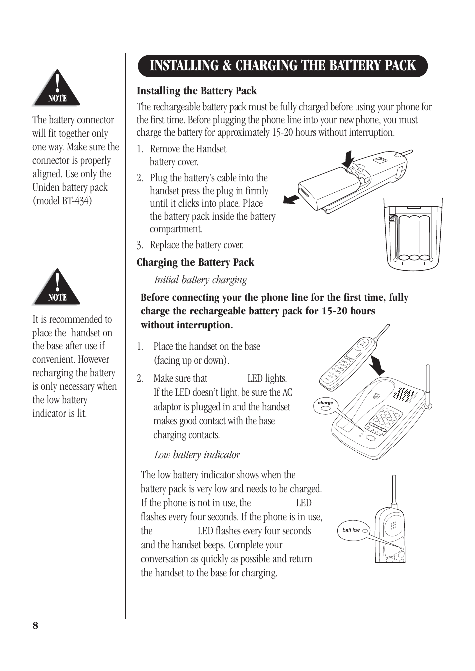 Installing & charging the battery pack | Uniden DG72 User Manual | Page 12 / 24