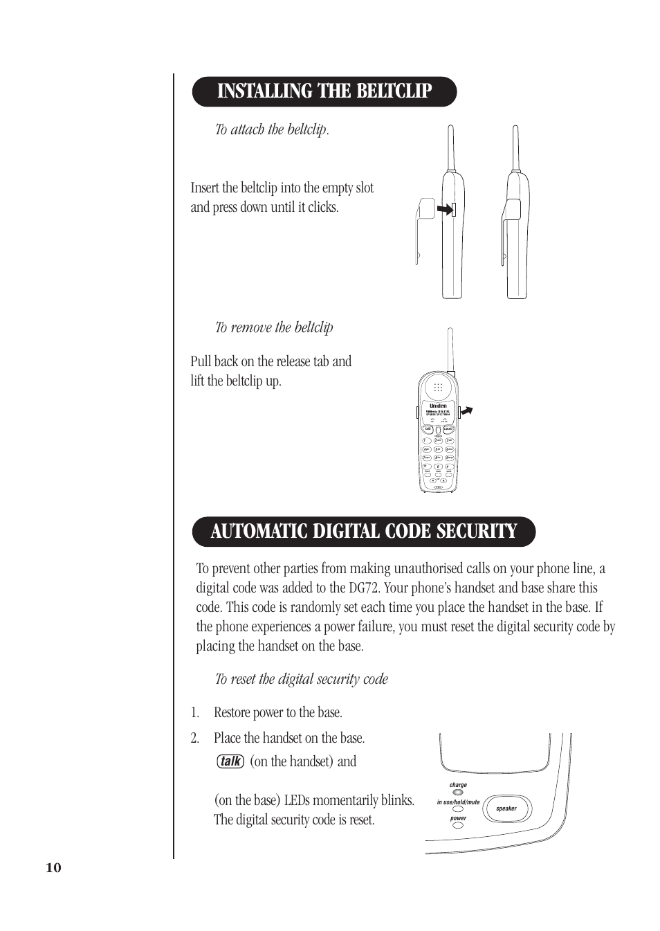 Automatic digital code security, Installing the beltclip, Talk | Uniden DG72 User Manual | Page 14 / 24