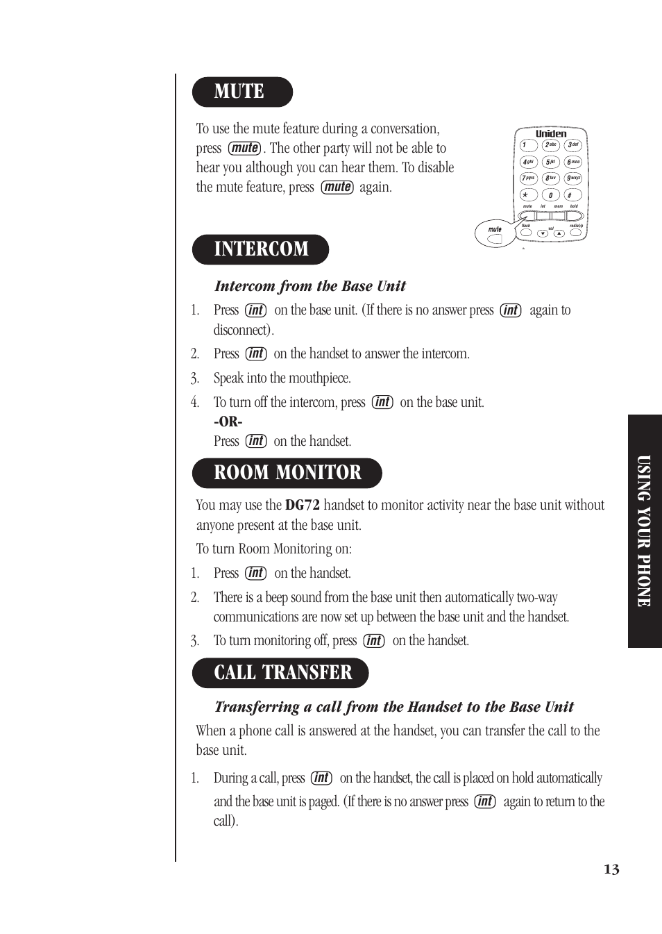 Call transfer, Room monitor, Intercom | Mute, Using your phone | Uniden DG72 User Manual | Page 17 / 24