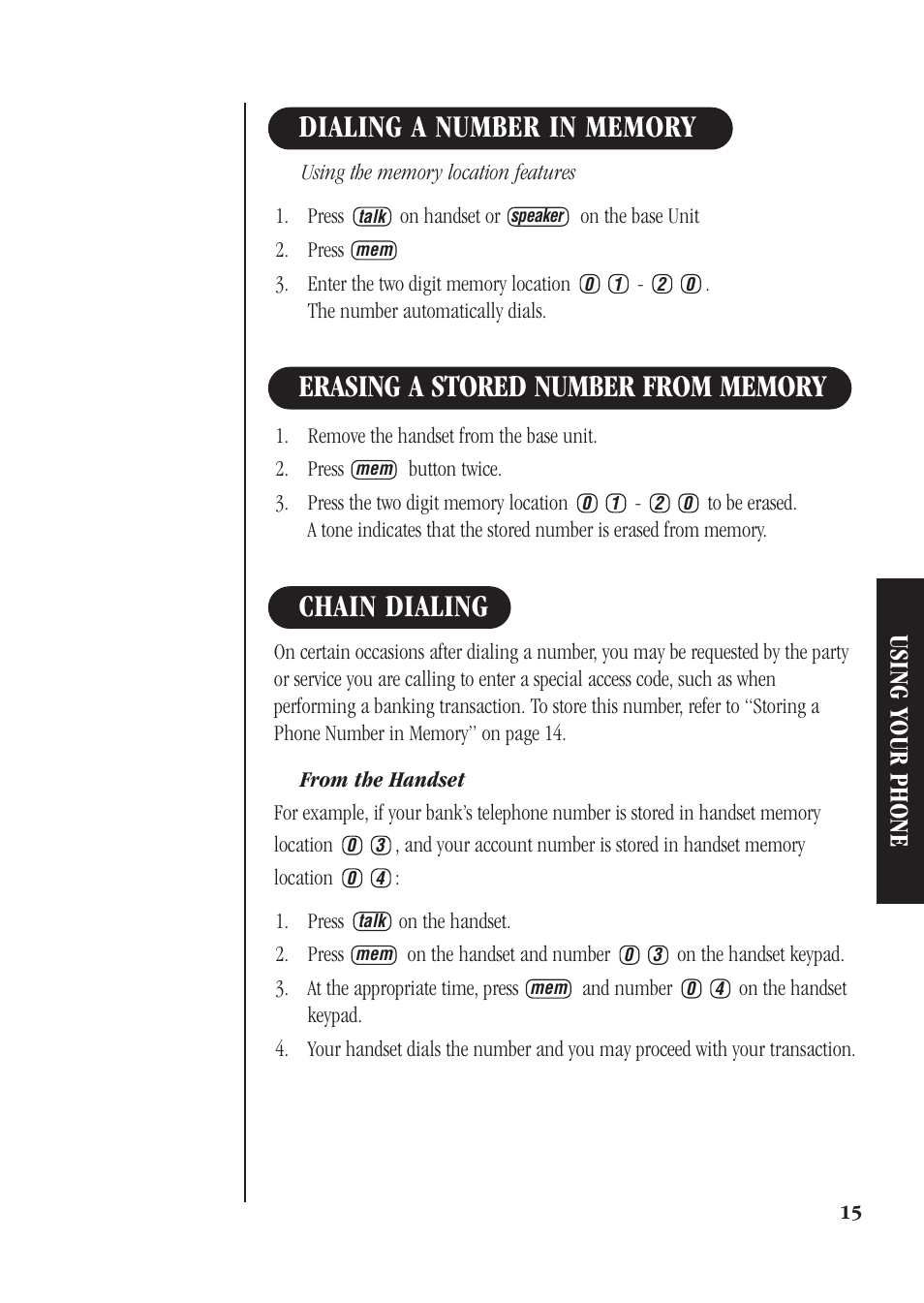 Chain dialing, Using your phone | Uniden DG72 User Manual | Page 19 / 24