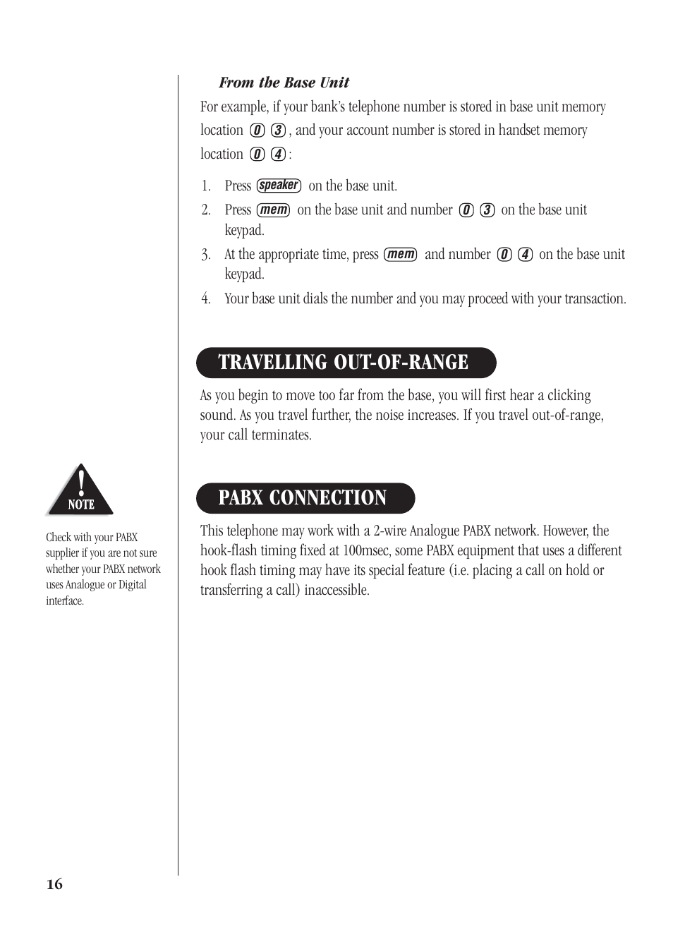 Pabx connection travelling out-of-range | Uniden DG72 User Manual | Page 20 / 24