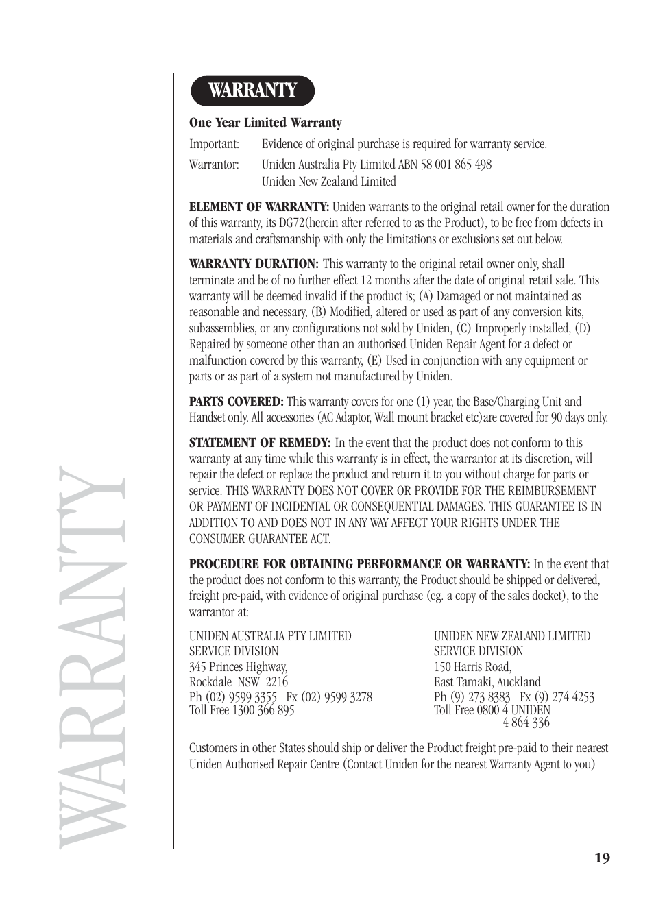 Warranty | Uniden DG72 User Manual | Page 23 / 24