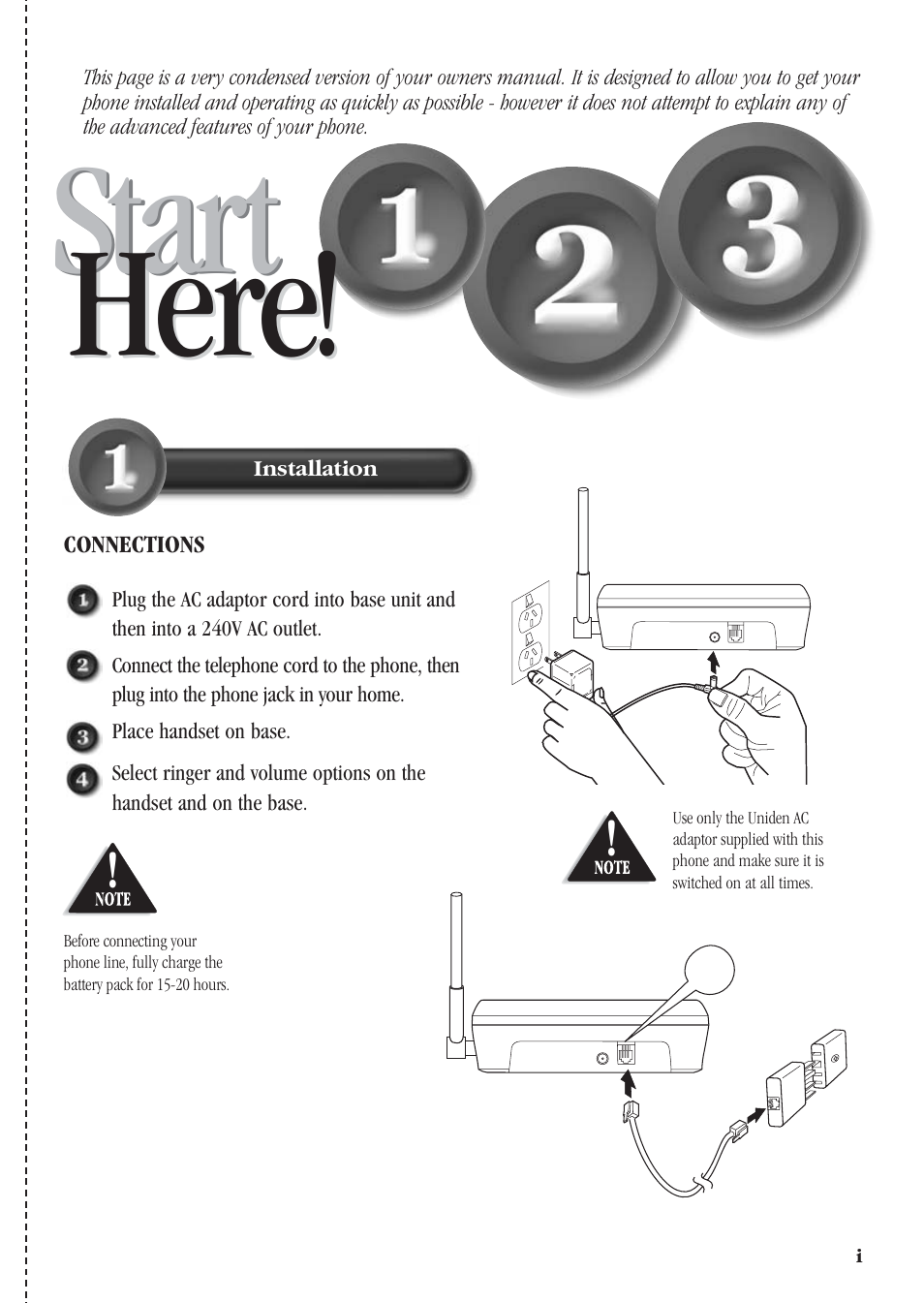 Here, Start, Start here | Uniden DG72 User Manual | Page 3 / 24