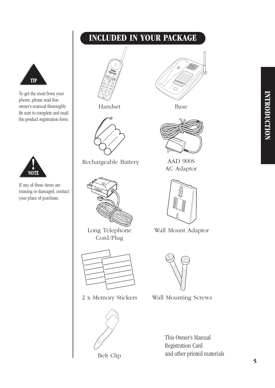 Included in your package, Introduction, This owner’s manual | Registration card, And other printed materials, Belt clip | Uniden DG72 User Manual | Page 9 / 24