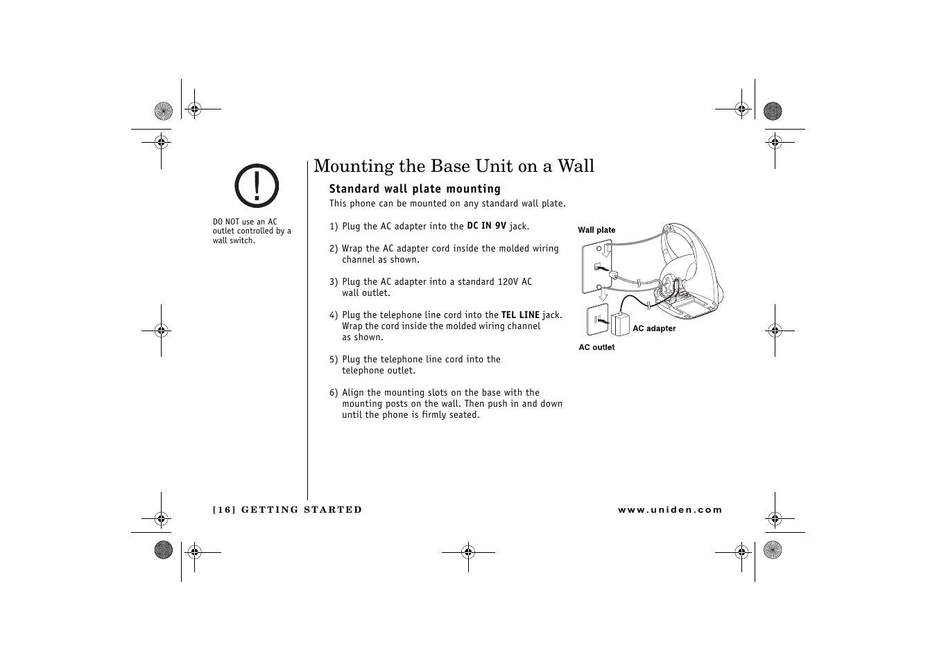 Mounting the base unit on a wall | Uniden 2.4 User Manual | Page 18 / 68