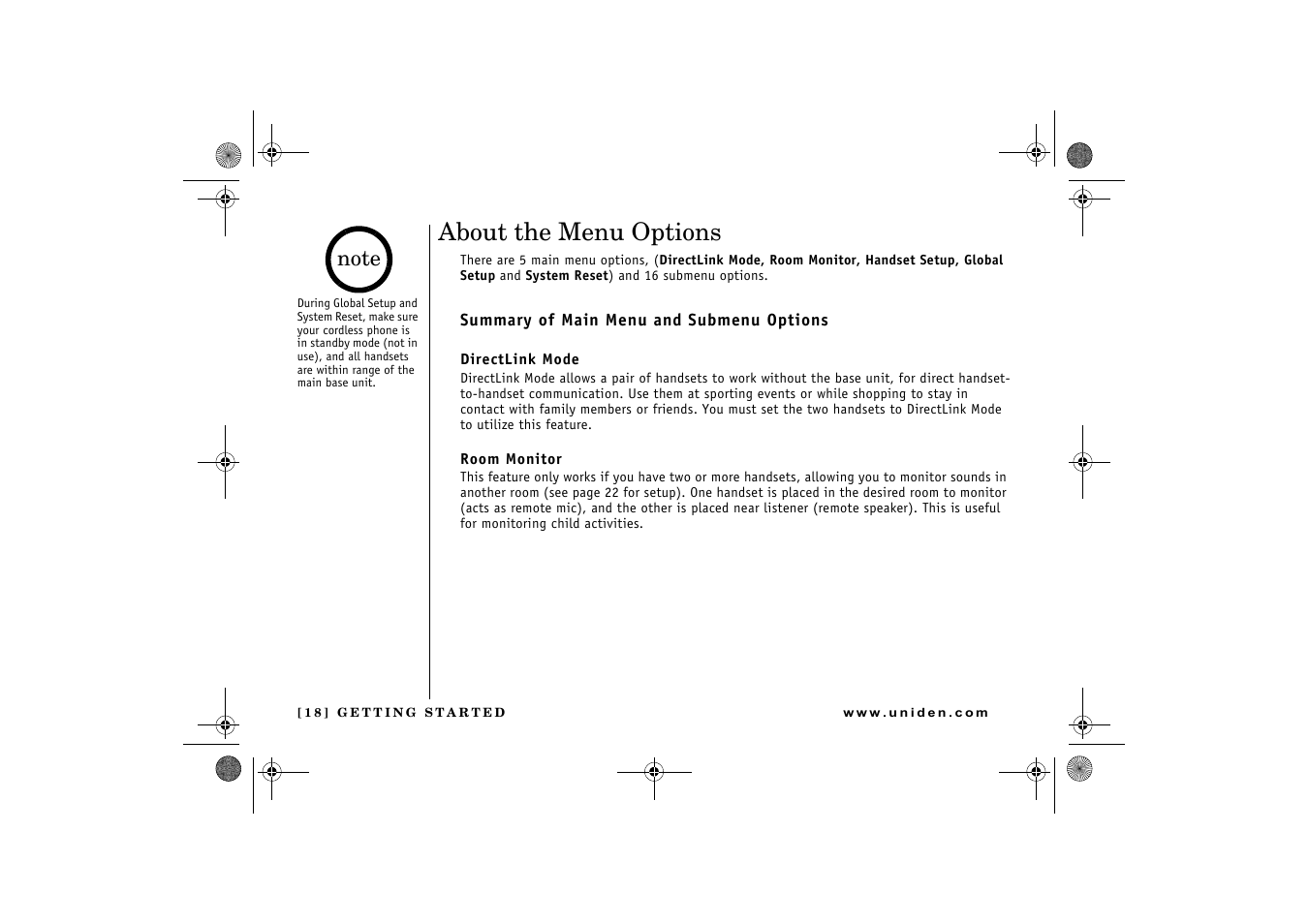 About the menu options | Uniden 2.4 User Manual | Page 20 / 68