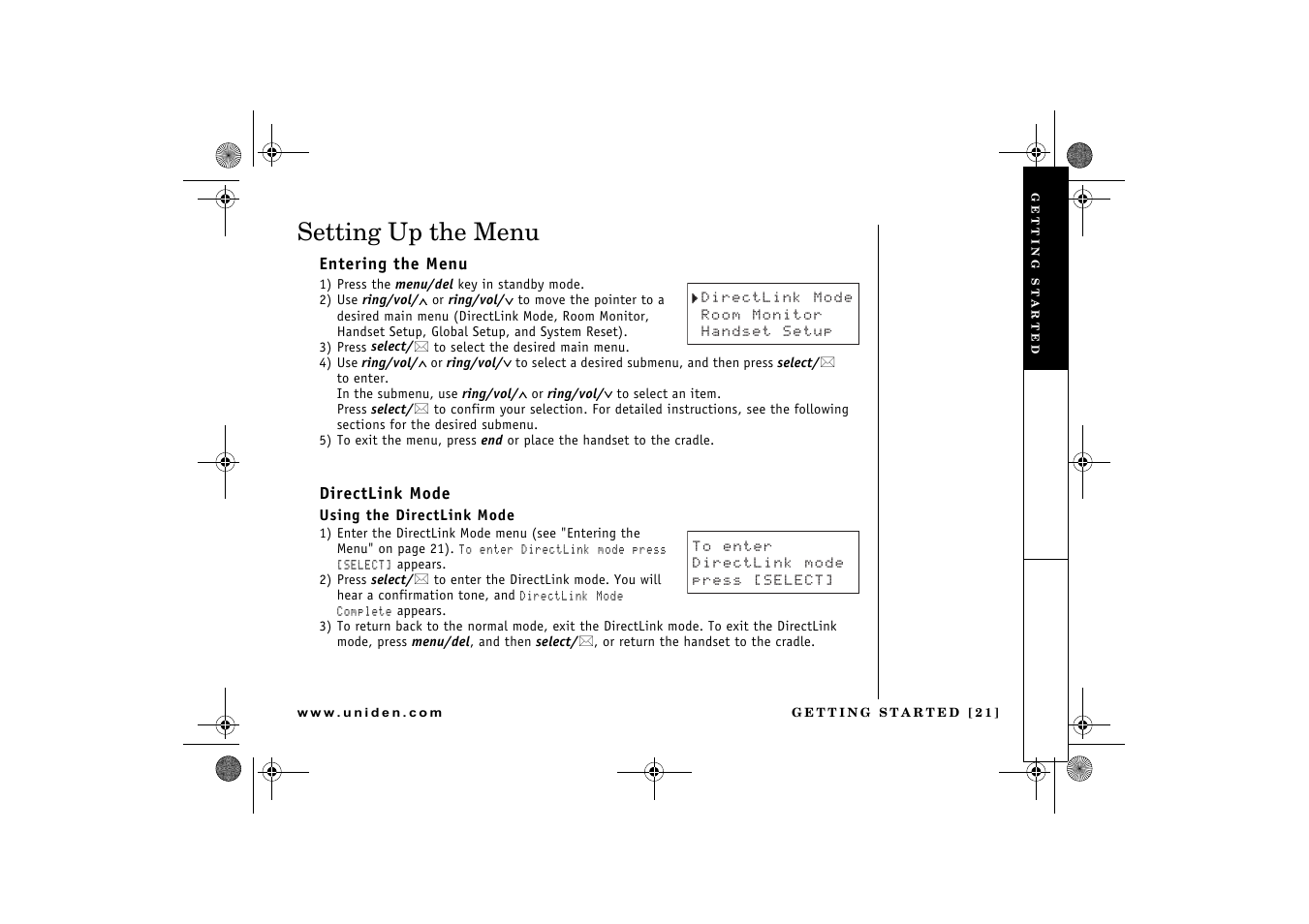 Setting up the menu | Uniden 2.4 User Manual | Page 23 / 68
