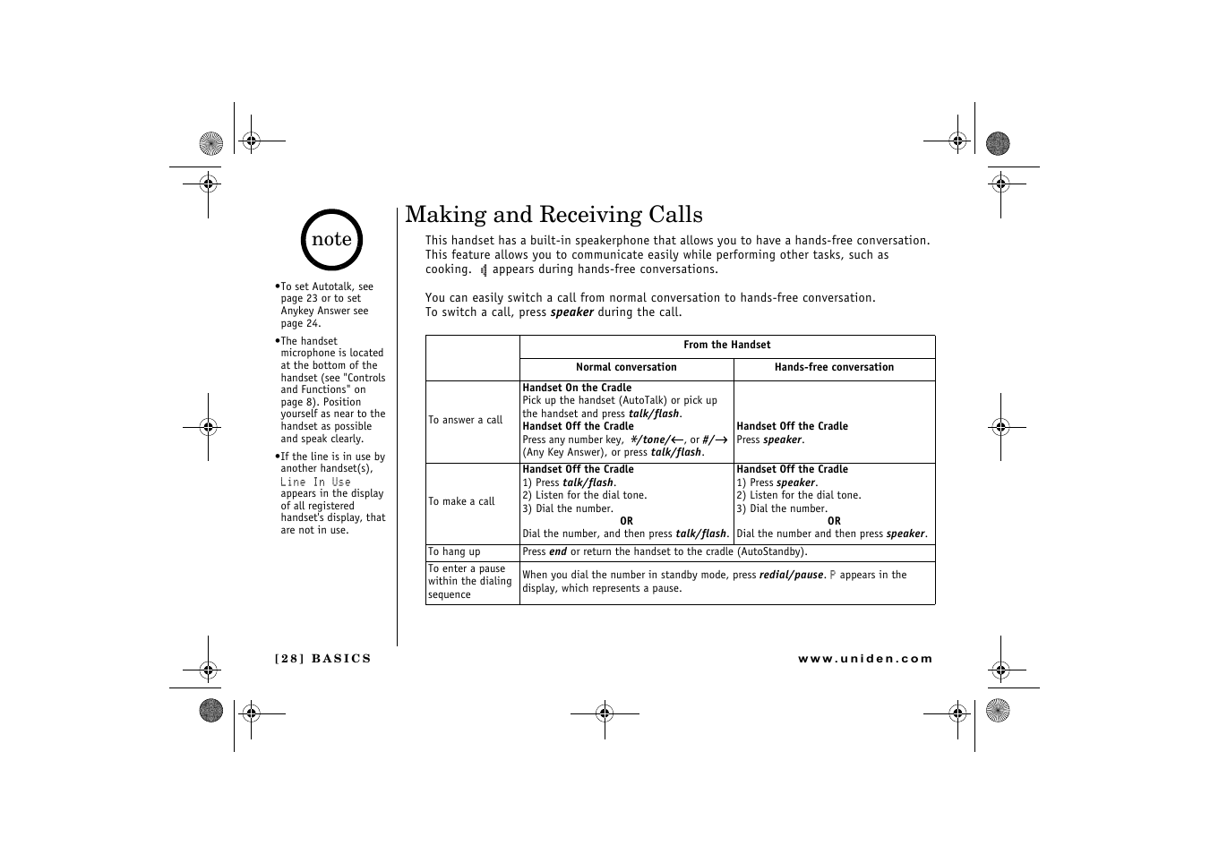 Making and receiving calls | Uniden 2.4 User Manual | Page 30 / 68