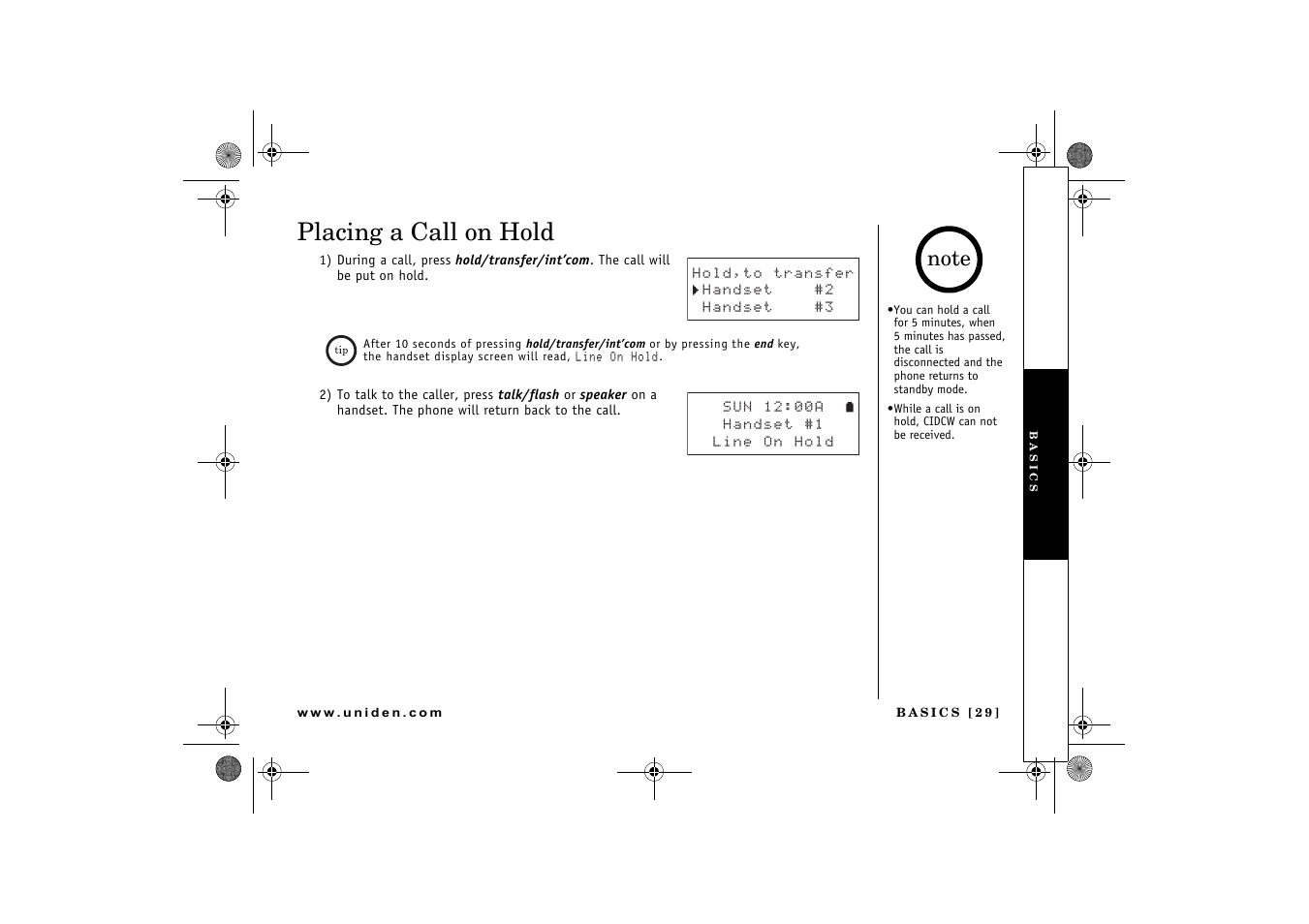 Placing a call on hold | Uniden 2.4 User Manual | Page 31 / 68