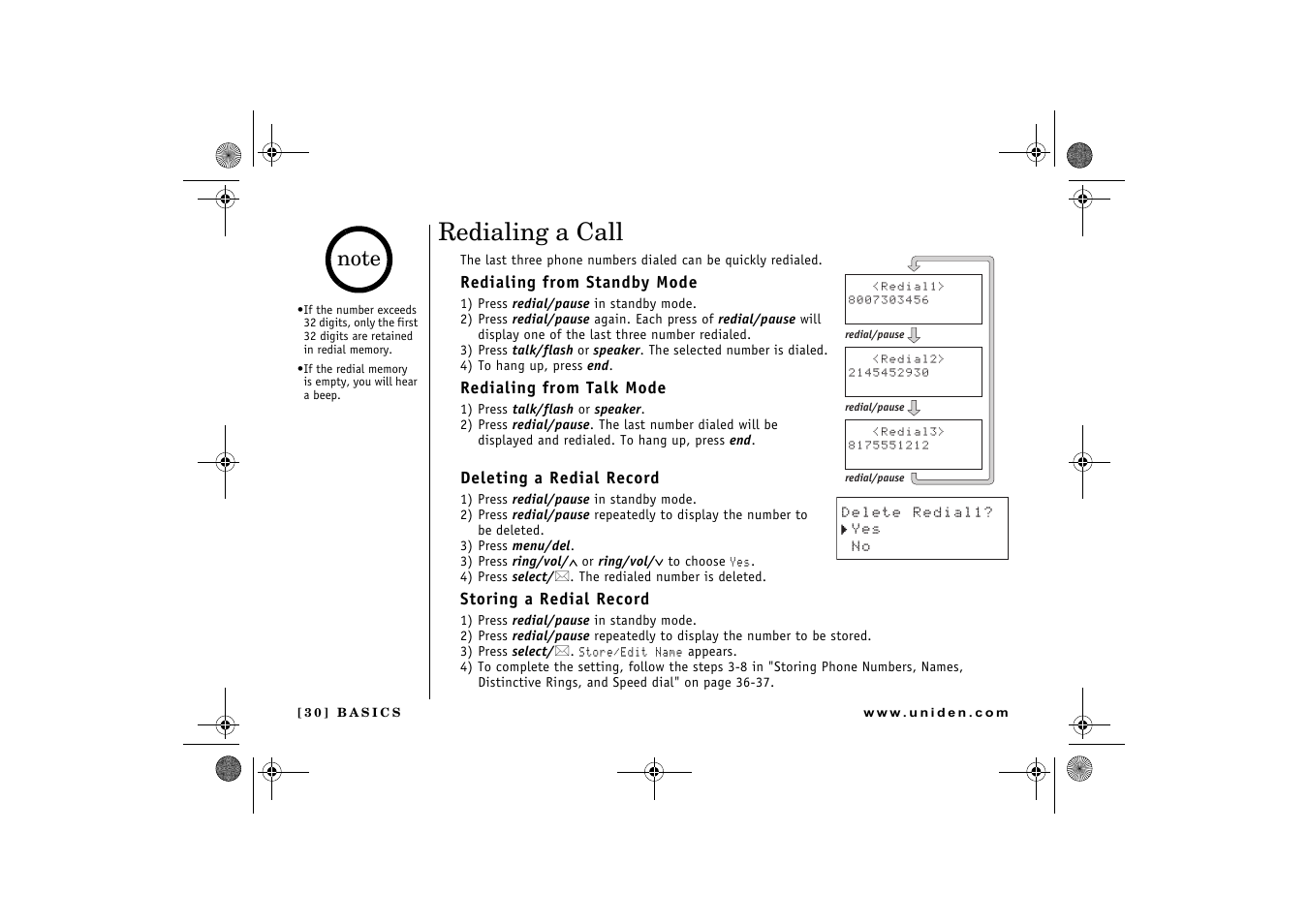 Redialing a call | Uniden 2.4 User Manual | Page 32 / 68