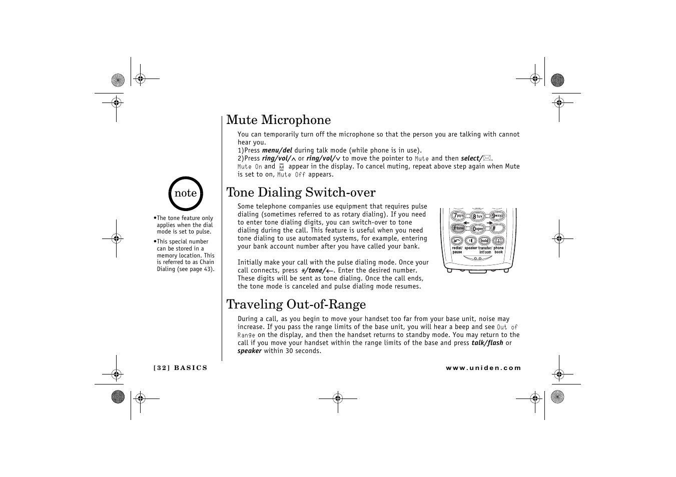Mute microphone, Tone dialing switch-over, Traveling out-of-range | Uniden 2.4 User Manual | Page 34 / 68