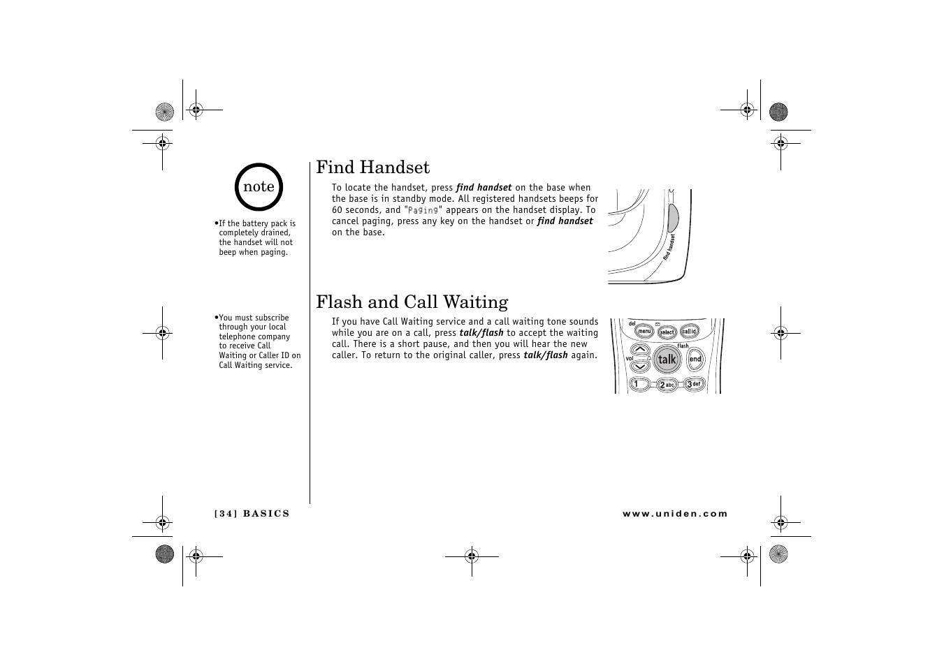 Find handset, Flash and call waiting | Uniden 2.4 User Manual | Page 36 / 68