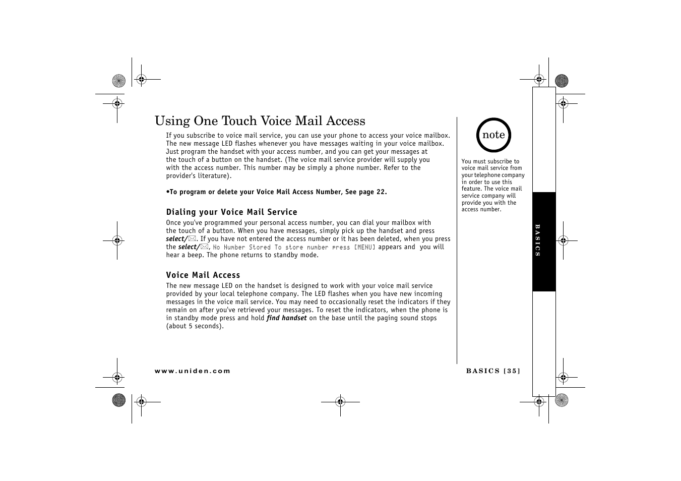 Using one touch voice mail access | Uniden 2.4 User Manual | Page 37 / 68