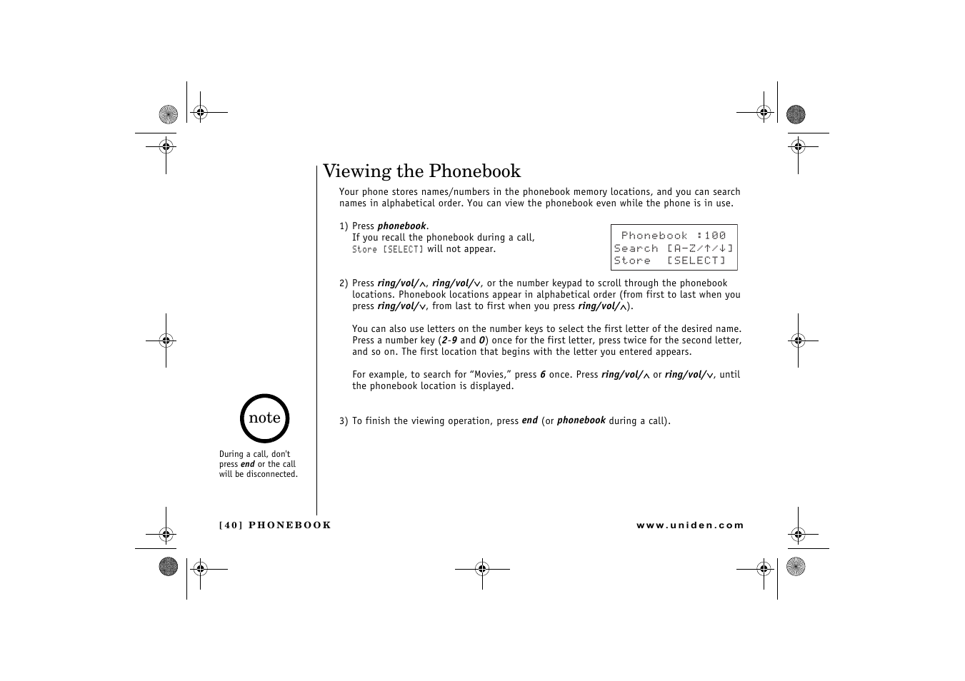 Viewing the phonebook | Uniden 2.4 User Manual | Page 42 / 68