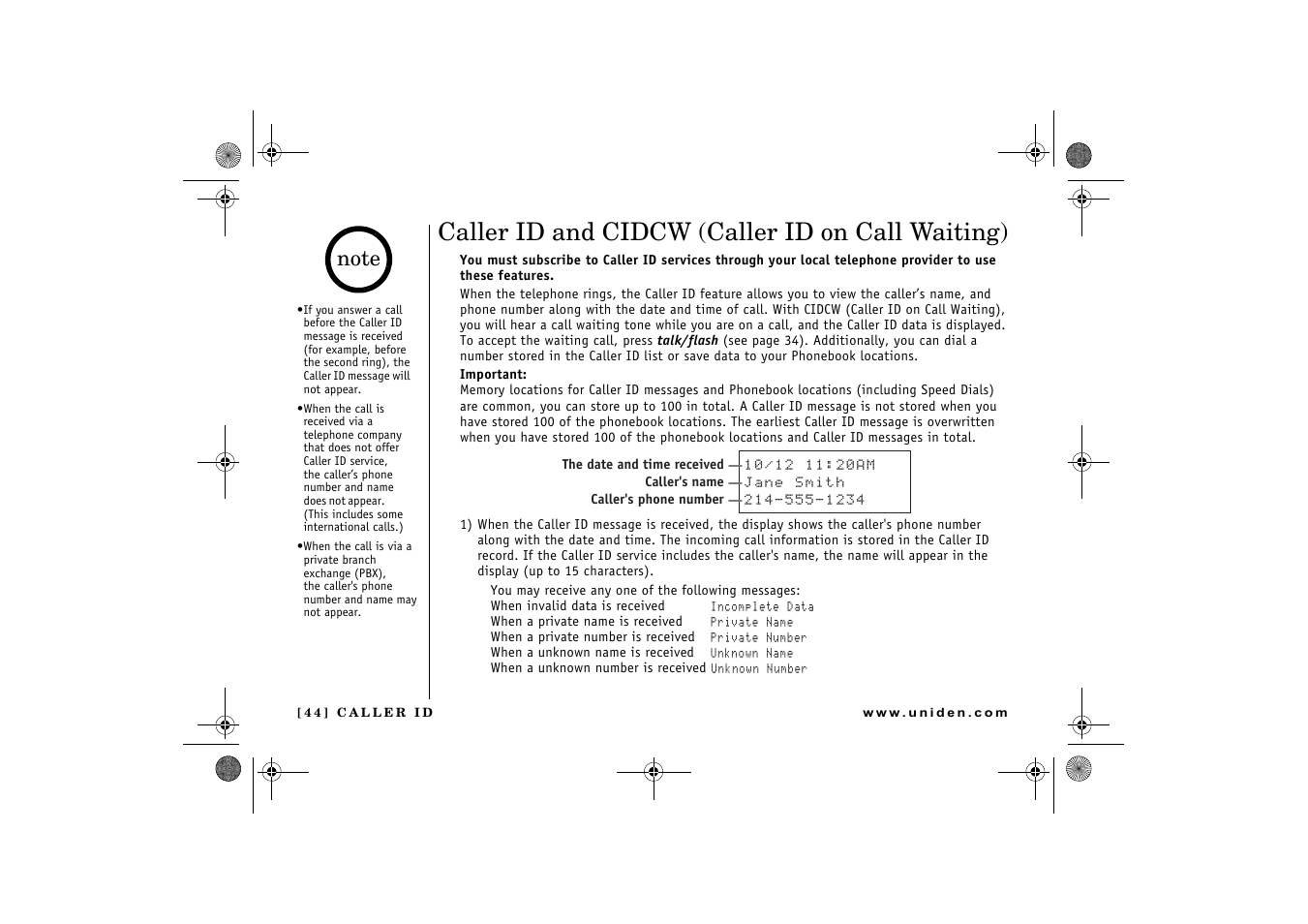 Caller id and cidcw (caller id on call waiting) | Uniden 2.4 User Manual | Page 46 / 68