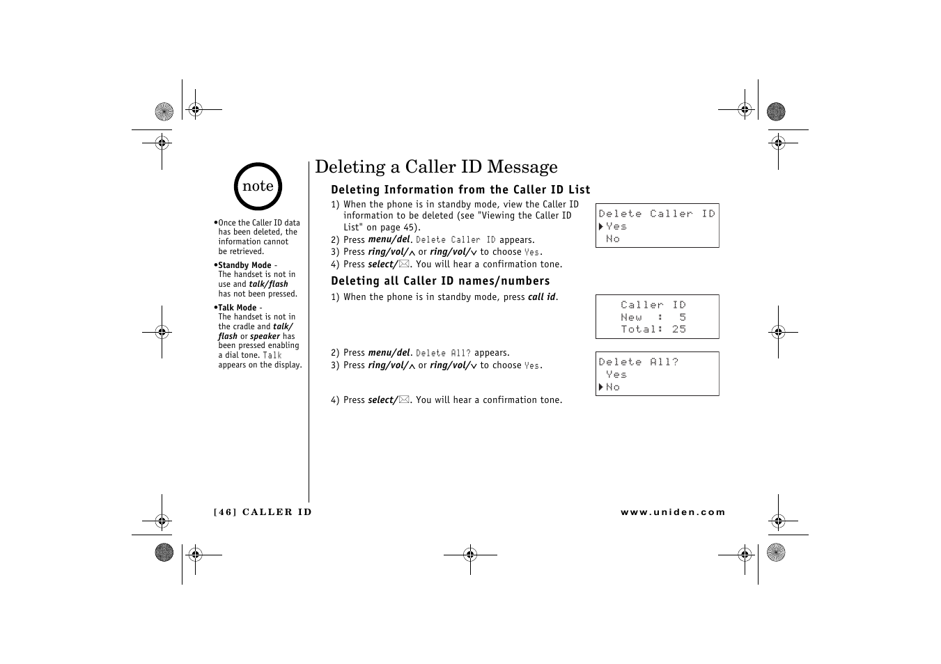 Deleting a caller id message | Uniden 2.4 User Manual | Page 48 / 68