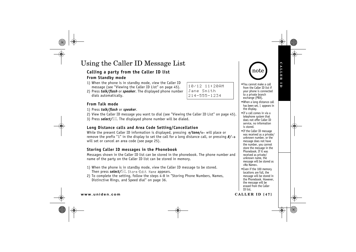 Using the caller id message list | Uniden 2.4 User Manual | Page 49 / 68