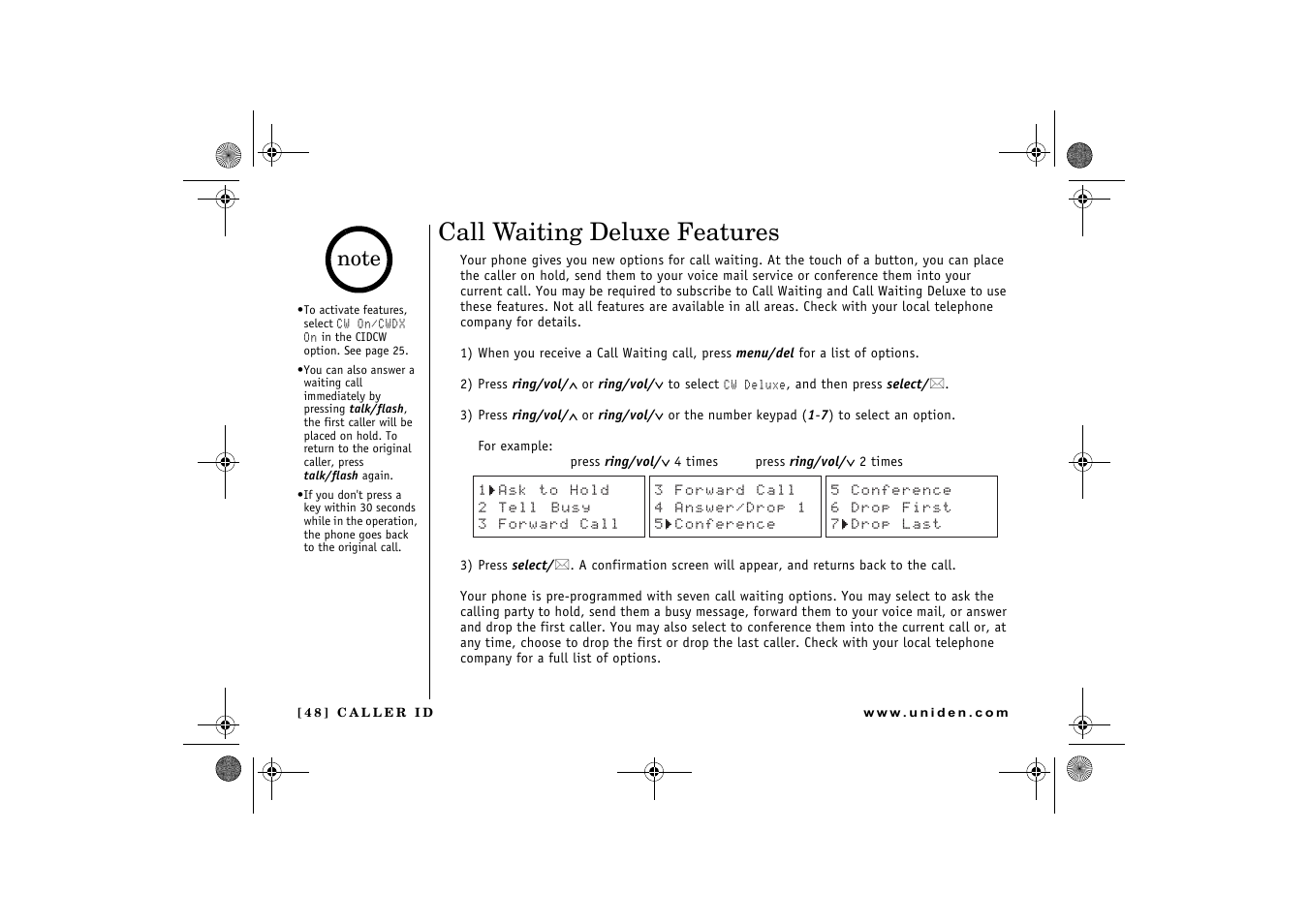 Call waiting deluxe features | Uniden 2.4 User Manual | Page 50 / 68