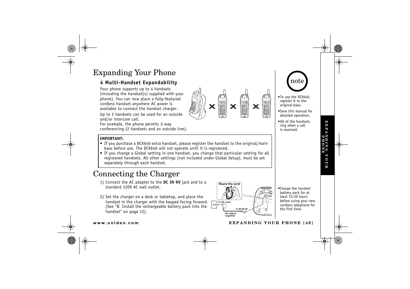 Expanding your phone, Connecting the charger | Uniden 2.4 User Manual | Page 51 / 68