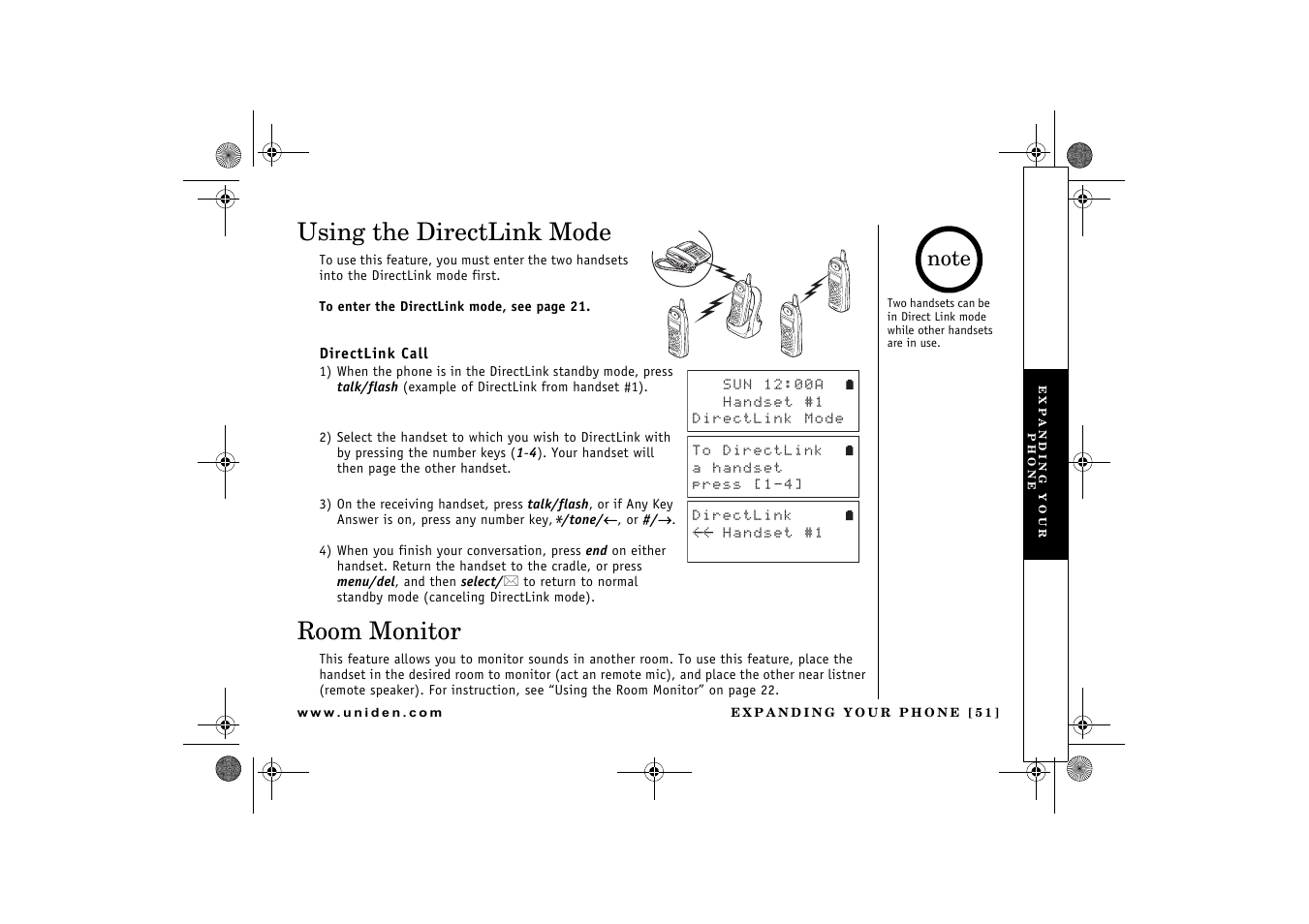 Using the directlink mode, Room monitor | Uniden 2.4 User Manual | Page 53 / 68