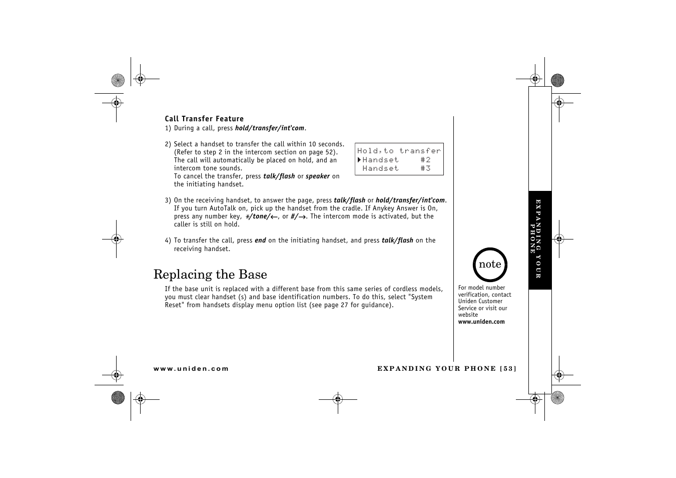 Replacing the base | Uniden 2.4 User Manual | Page 55 / 68