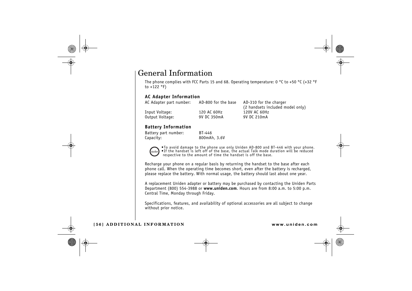 General information | Uniden 2.4 User Manual | Page 58 / 68